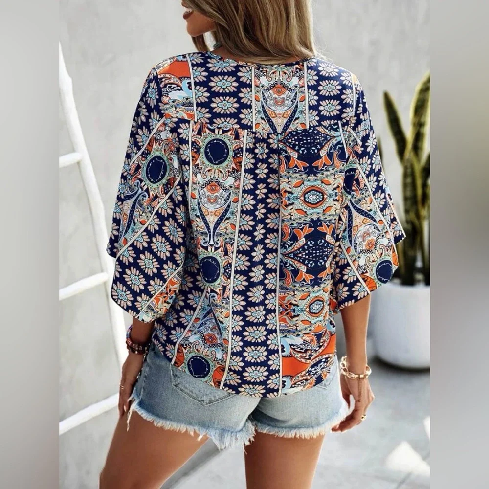 Cream Navy Boho Floral Kimono Wide Sleeve Top / Batwing Sleeve Blouse - Picture 3 of 6